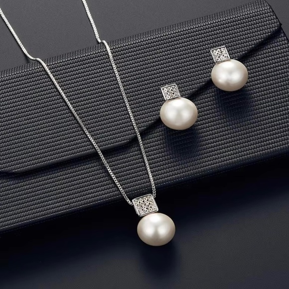 2 PCS Imitation Pearl Pendant Women Necklace Earring Stud Set Silver Jewelry Set - Picture 1 of 3
